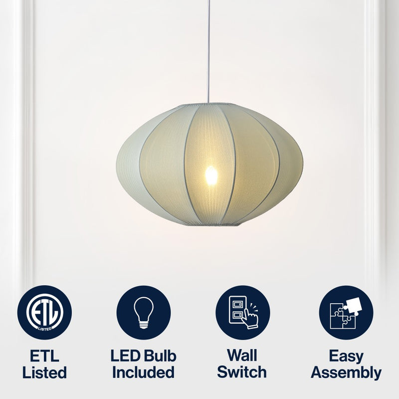 Kira 18.38" 1-Light Scandinavian Japandi Adjustable Lantern Metal with Ribbed Cocoon UFO Saucer Shade LED Pendant