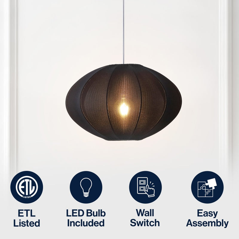 Kira 18.38" 1-Light Scandinavian Japandi Adjustable Lantern Metal with Ribbed Cocoon UFO Saucer Shade LED Pendant