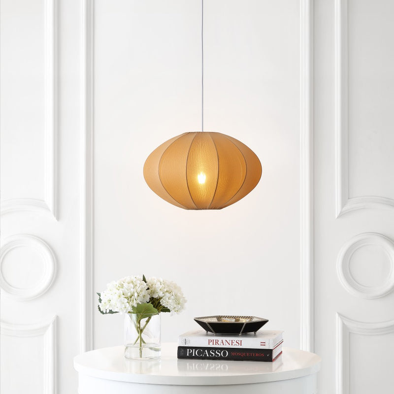 Kira 18.38" 1-Light Scandinavian Japandi Adjustable Lantern Metal with Ribbed Cocoon UFO Saucer Shade LED Pendant
