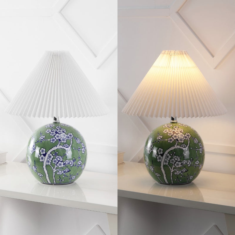Shishen 19.5" Cottage Classic Chinoiserie Ceramic Orb LED Table Lamp with Pleated Shade - JONATHAN Y