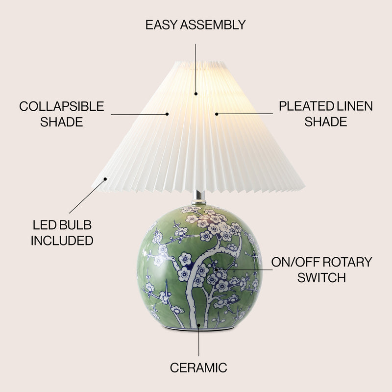 Shishen 19.5" Cottage Classic Chinoiserie Ceramic Orb LED Table Lamp with Pleated Shade - JONATHAN Y