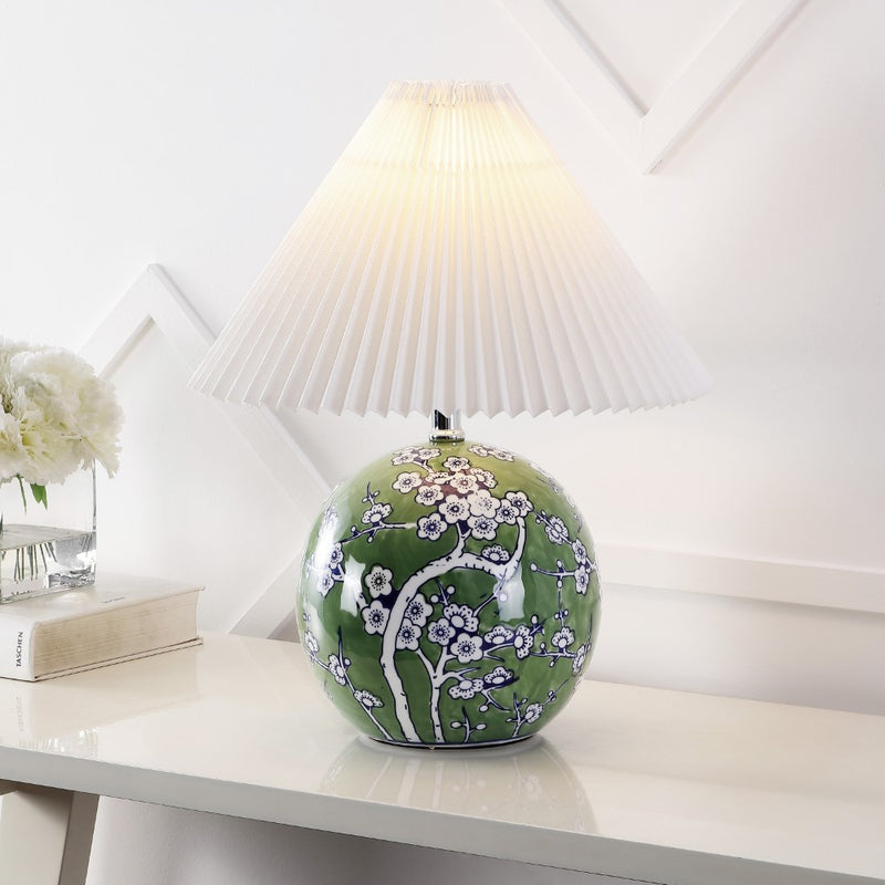 Shishen 19.5" Cottage Classic Chinoiserie Ceramic Orb LED Table Lamp with Pleated Shade - JONATHAN Y