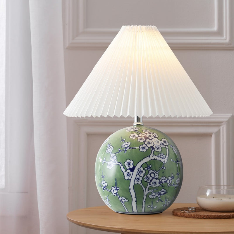 Shishen 19.5" Cottage Classic Chinoiserie Ceramic Orb LED Table Lamp with Pleated Shade - JONATHAN Y