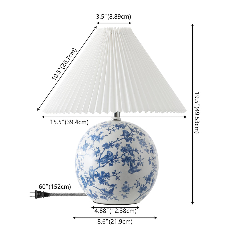 Shishen 19.5" Cottage Classic Chinoiserie Ceramic Orb LED Table Lamp with Pleated Shade - JONATHAN Y