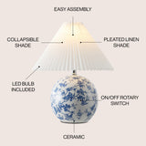 Shishen 19.5" Cottage Classic Chinoiserie Ceramic Orb LED Table Lamp with Pleated Shade - JONATHAN Y