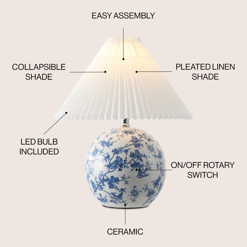 Shishen 19.5" Cottage Classic Chinoiserie Ceramic Orb LED Table Lamp with Pleated Shade - JONATHAN Y