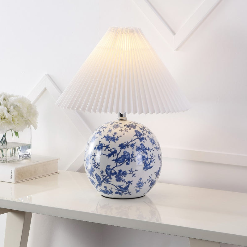 Shishen 19.5" Cottage Classic Chinoiserie Ceramic Orb LED Table Lamp with Pleated Shade - JONATHAN Y
