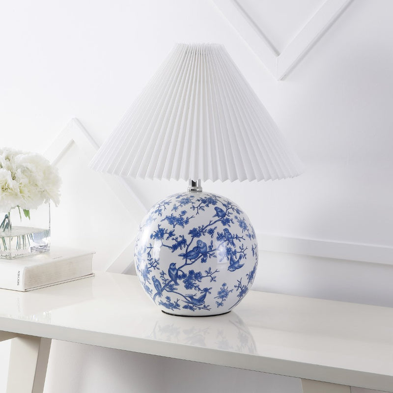 Shishen 19.5" Cottage Classic Chinoiserie Ceramic Orb LED Table Lamp with Pleated Shade - JONATHAN Y