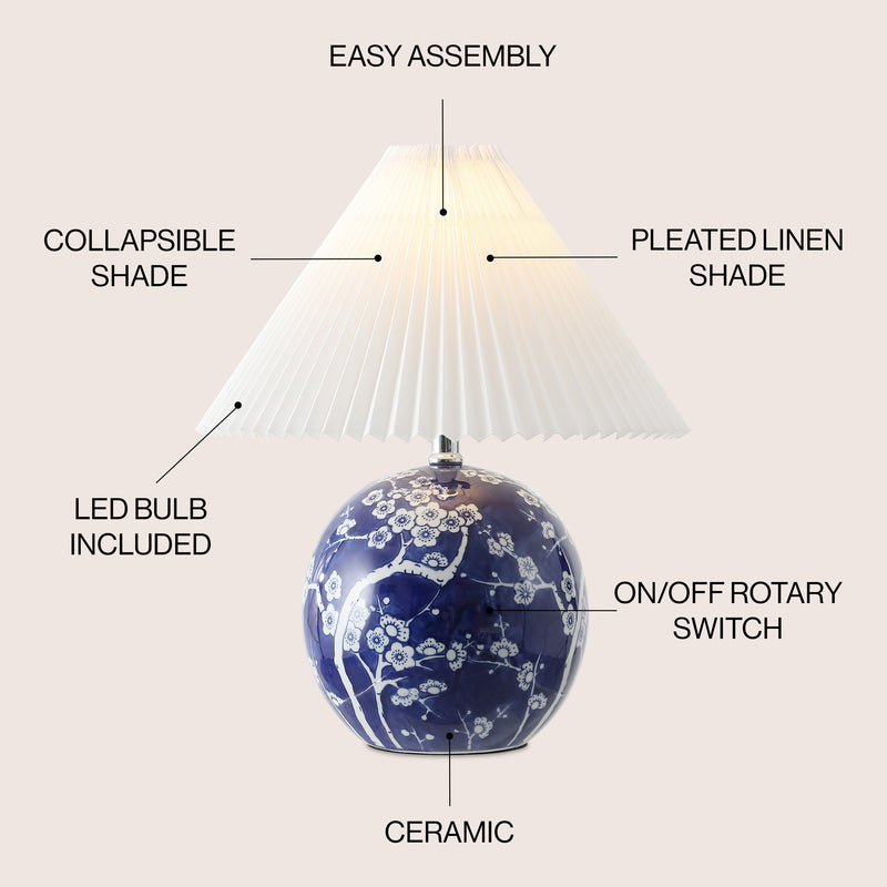 Shishen 19.5" Cottage Classic Chinoiserie Ceramic Orb LED Table Lamp with Pleated Shade - JONATHAN Y