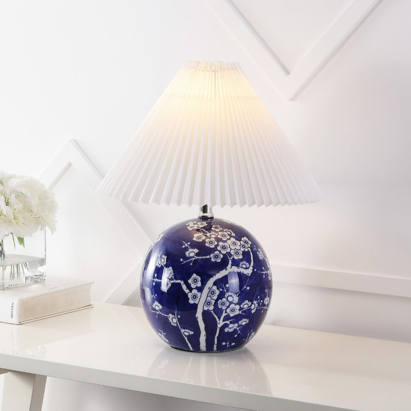 Shishen 19.5" Cottage Classic Chinoiserie Ceramic Orb LED Table Lamp with Pleated Shade - JONATHAN Y