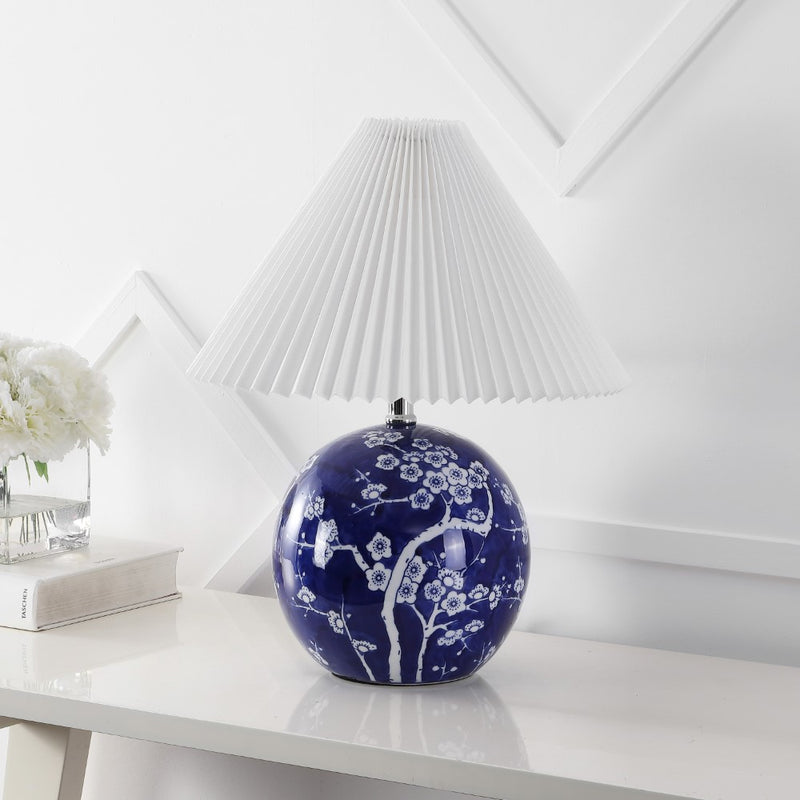 Shishen 19.5" Cottage Classic Chinoiserie Ceramic Orb LED Table Lamp with Pleated Shade - JONATHAN Y