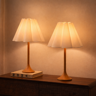 Abel 25.5" Modern Coastal Pleated Shade Faux Wood Column LED Table Lamp