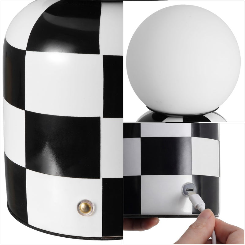 Zira 10" Modern Checkerboard Ceramic Rechargeable Cordless Integrated Portable Dimmable with Frosted Globe Shade LED Table Lamp