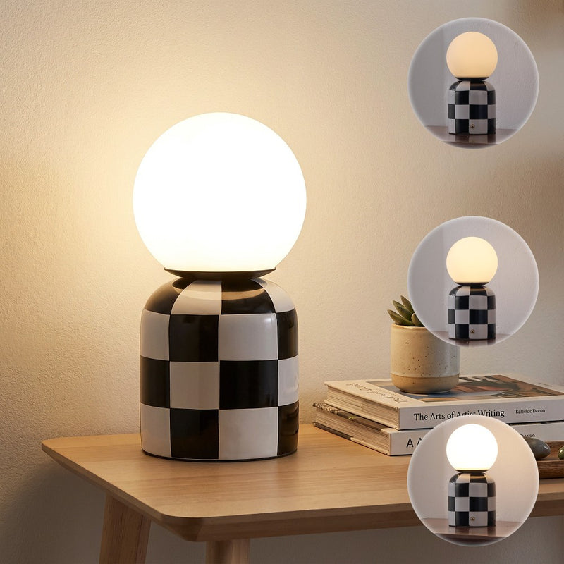 Zira 10" Modern Checkerboard Ceramic Rechargeable Cordless Integrated Portable Dimmable with Frosted Globe Shade LED Table Lamp