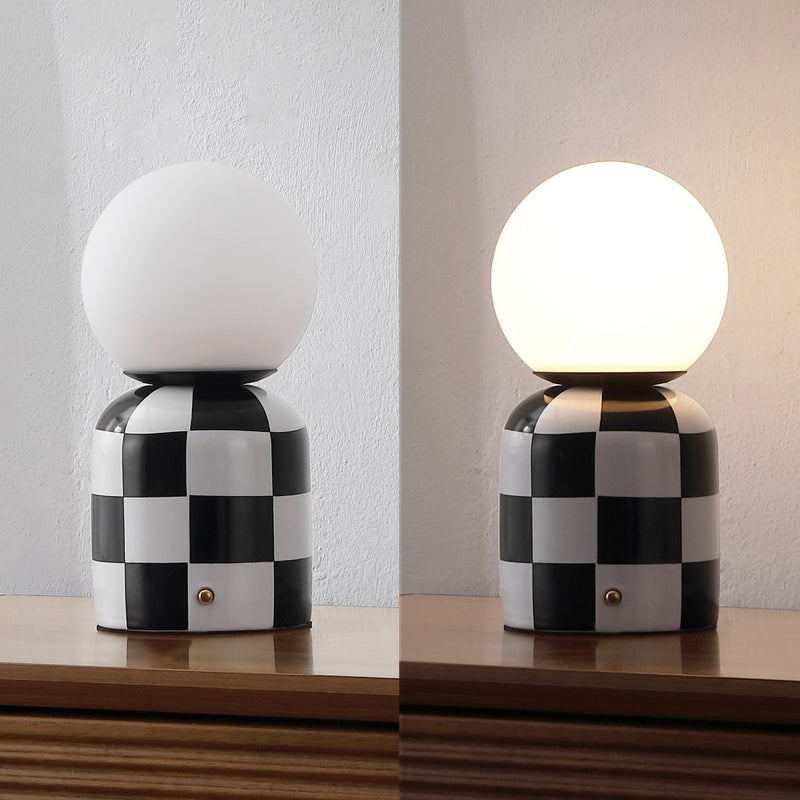 Zira 10" Modern Checkerboard Ceramic Rechargeable Cordless Integrated Portable Dimmable with Frosted Globe Shade LED Table Lamp