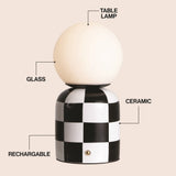 Zira 10" Modern Checkerboard Ceramic Rechargeable Cordless Integrated Portable Dimmable with Frosted Globe Shade LED Table Lamp