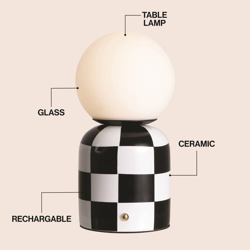 Zira 10" Modern Checkerboard Ceramic Rechargeable Cordless Integrated Portable Dimmable with Frosted Globe Shade LED Table Lamp