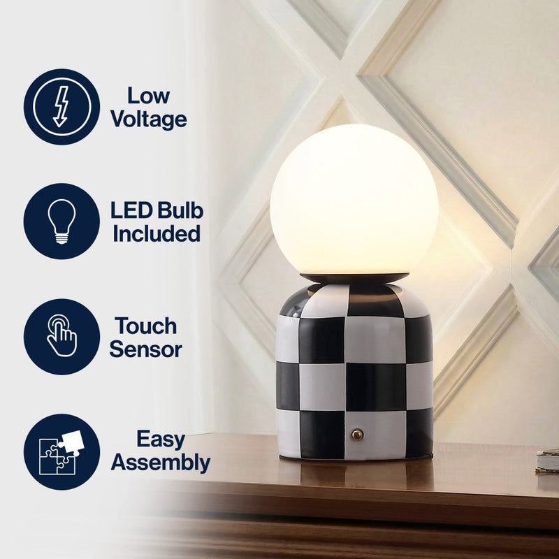 Zira 10" Modern Checkerboard Ceramic Rechargeable Cordless Integrated Portable Dimmable with Frosted Globe Shade LED Table Lamp