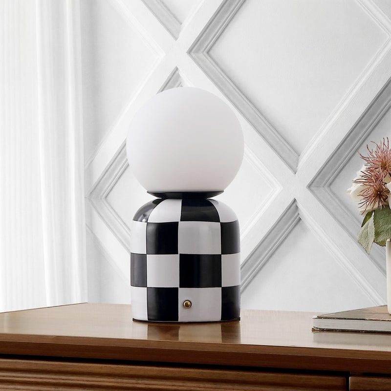 Zira 10" Modern Checkerboard Ceramic Rechargeable Cordless Integrated Portable Dimmable with Frosted Globe Shade LED Table Lamp