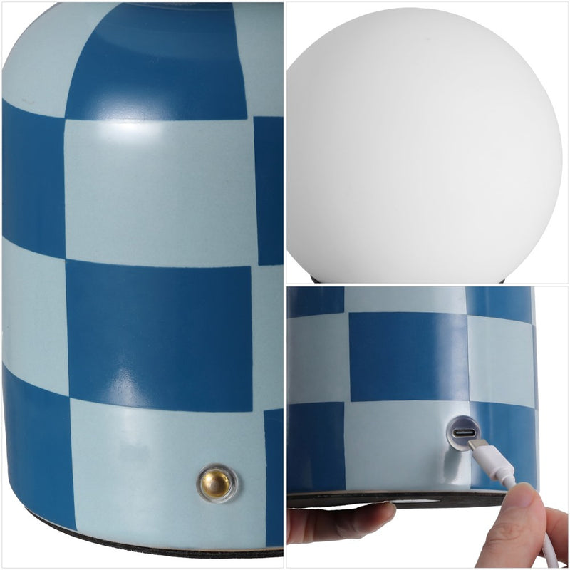 Zira 10" Modern Checkerboard Ceramic Rechargeable Cordless Integrated Portable Dimmable with Frosted Globe Shade LED Table Lamp