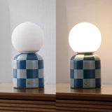 Zira 10" Modern Checkerboard Ceramic Rechargeable Cordless Integrated Portable Dimmable with Frosted Globe Shade LED Table Lamp