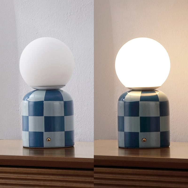 Zira 10" Modern Checkerboard Ceramic Rechargeable Cordless Integrated Portable Dimmable with Frosted Globe Shade LED Table Lamp