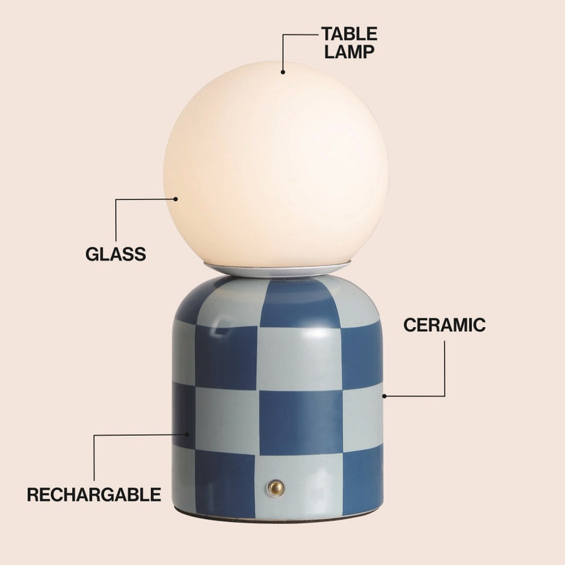 Zira 10" Modern Checkerboard Ceramic Rechargeable Cordless Integrated Portable Dimmable with Frosted Globe Shade LED Table Lamp