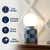 Zira 10" Modern Checkerboard Ceramic Rechargeable Cordless Integrated Portable Dimmable with Frosted Globe Shade LED Table Lamp
