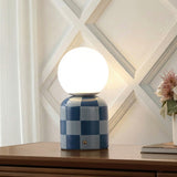 Zira 10" Modern Checkerboard Ceramic Rechargeable Cordless Integrated Portable Dimmable with Frosted Globe Shade LED Table Lamp