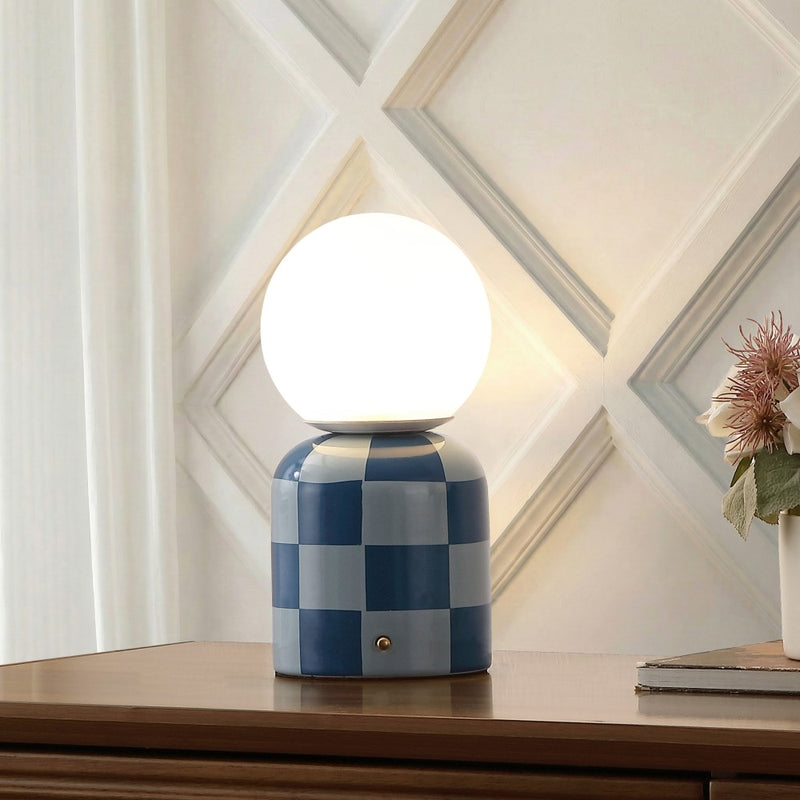 Zira 10" Modern Checkerboard Ceramic Rechargeable Cordless Integrated Portable Dimmable with Frosted Globe Shade LED Table Lamp