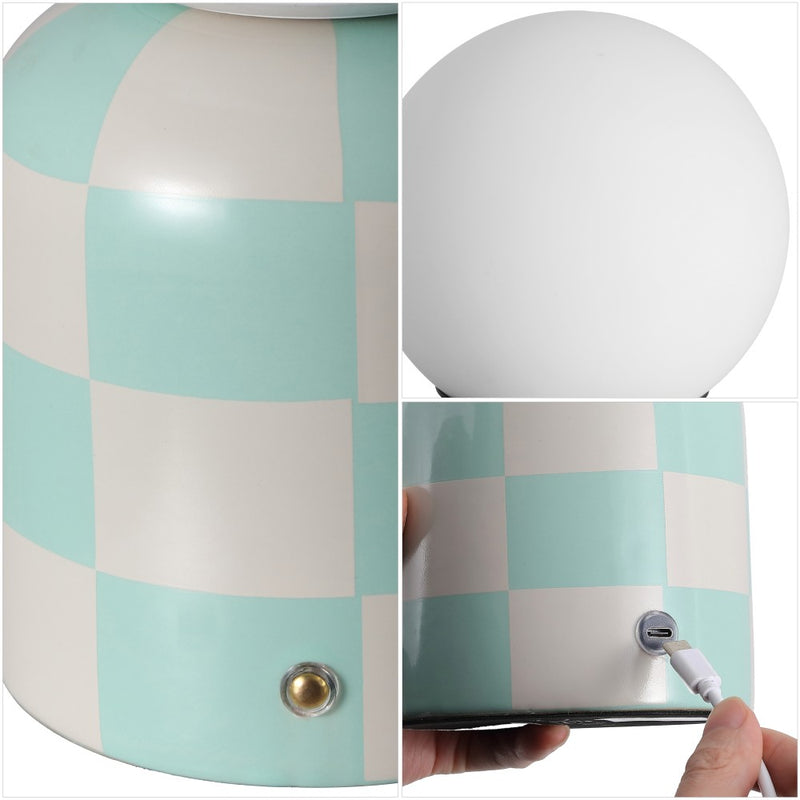 Zira 10" Modern Checkerboard Ceramic Rechargeable Cordless Integrated Portable Dimmable with Frosted Globe Shade LED Table Lamp