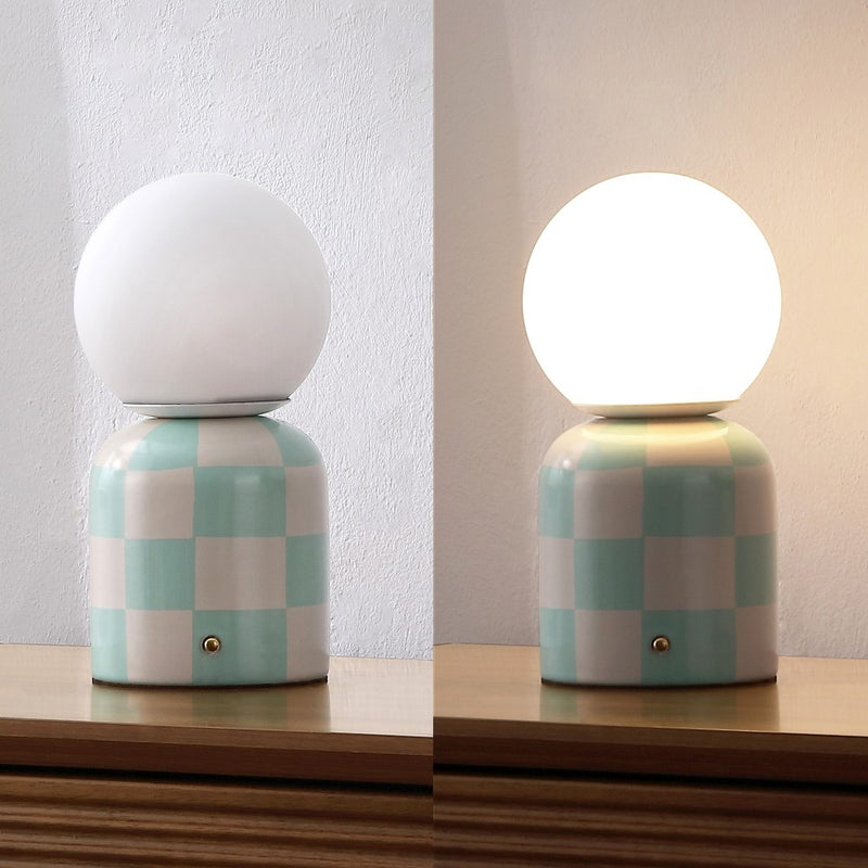 Zira 10" Modern Checkerboard Ceramic Rechargeable Cordless Integrated Portable Dimmable with Frosted Globe Shade LED Table Lamp