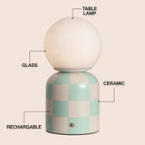 Zira 10" Modern Checkerboard Ceramic Rechargeable Cordless Integrated Portable Dimmable with Frosted Globe Shade LED Table Lamp