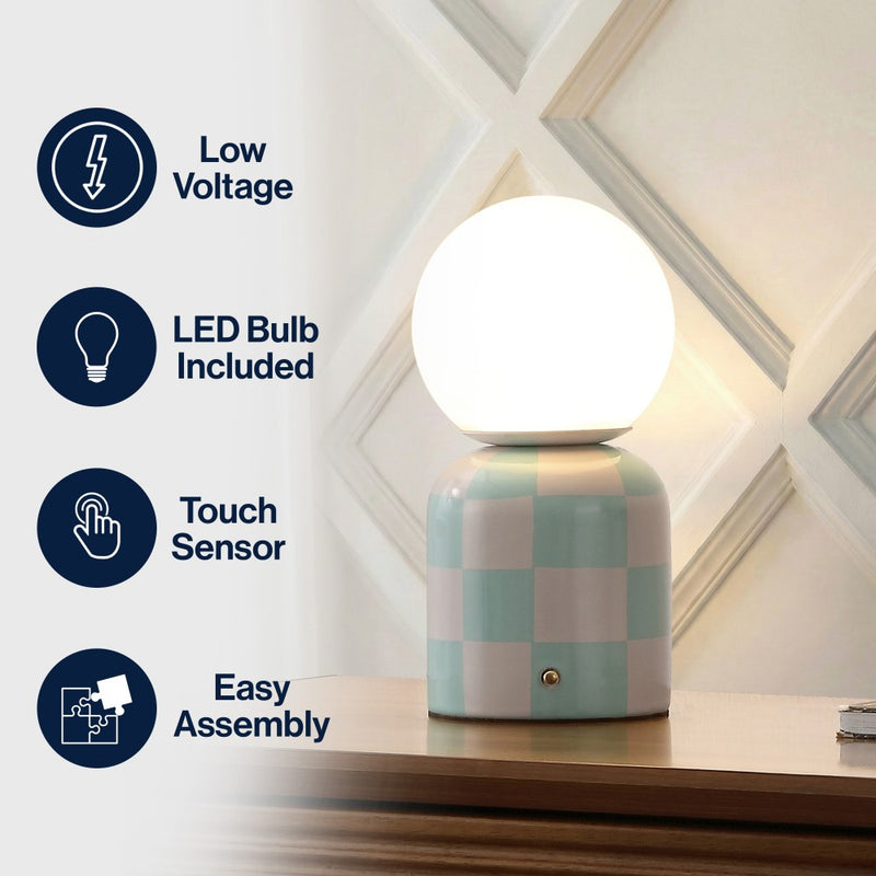 Zira 10" Modern Checkerboard Ceramic Rechargeable Cordless Integrated Portable Dimmable with Frosted Globe Shade LED Table Lamp