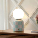 Zira 10" Modern Checkerboard Ceramic Rechargeable Cordless Integrated Portable Dimmable with Frosted Globe Shade LED Table Lamp