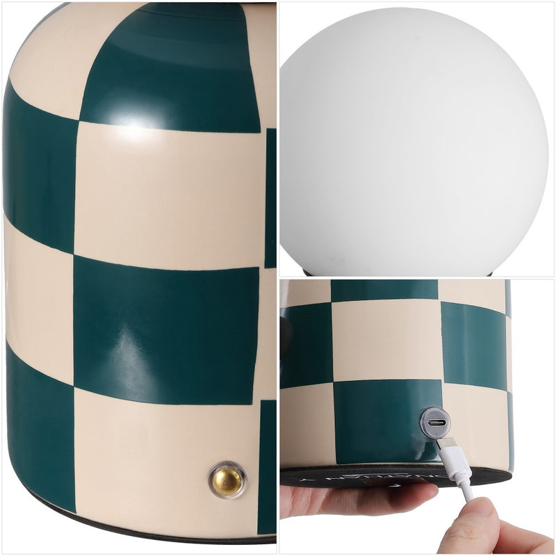Zira 10" Modern Checkerboard Ceramic Rechargeable Cordless Integrated Portable Dimmable with Frosted Globe Shade LED Table Lamp
