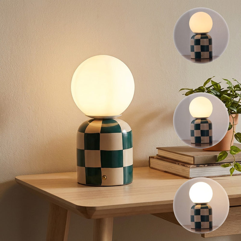 Zira 10" Modern Checkerboard Ceramic Rechargeable Cordless Integrated Portable Dimmable with Frosted Globe Shade LED Table Lamp
