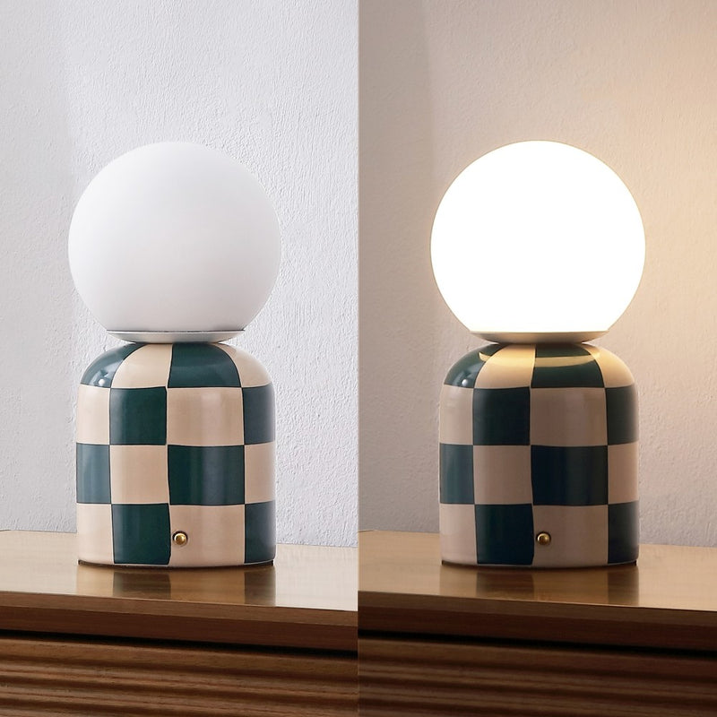 Zira 10" Modern Checkerboard Ceramic Rechargeable Cordless Integrated Portable Dimmable with Frosted Globe Shade LED Table Lamp