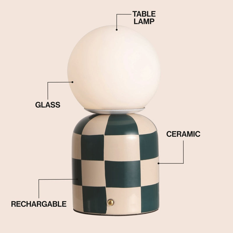 Zira 10" Modern Checkerboard Ceramic Rechargeable Cordless Integrated Portable Dimmable with Frosted Globe Shade LED Table Lamp
