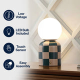 Zira 10" Modern Checkerboard Ceramic Rechargeable Cordless Integrated Portable Dimmable with Frosted Globe Shade LED Table Lamp