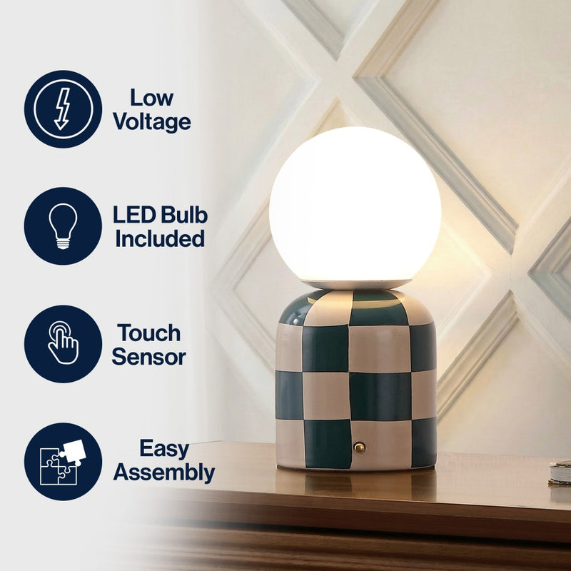 Zira 10" Modern Checkerboard Ceramic Rechargeable Cordless Integrated Portable Dimmable with Frosted Globe Shade LED Table Lamp