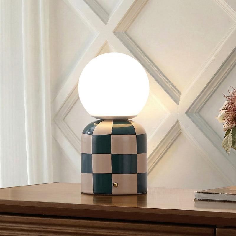 Zira 10" Modern Checkerboard Ceramic Rechargeable Cordless Integrated Portable Dimmable with Frosted Globe Shade LED Table Lamp