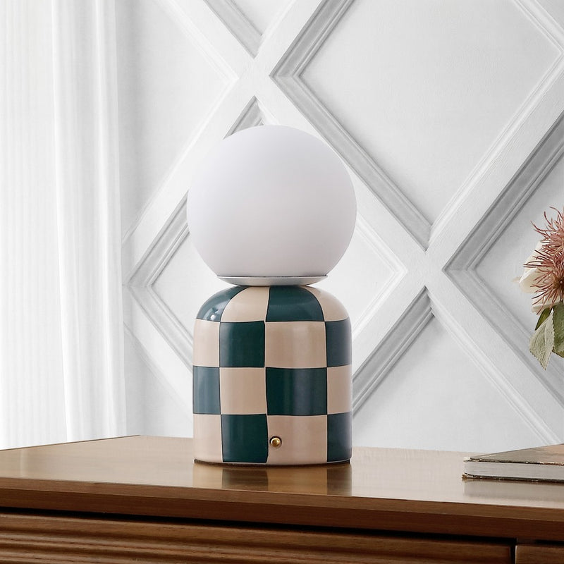 Zira 10" Modern Checkerboard Ceramic Rechargeable Cordless Integrated Portable Dimmable with Frosted Globe Shade LED Table Lamp