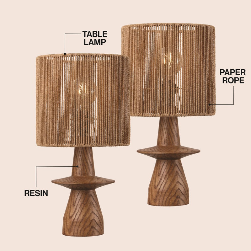 Rickie 19" Bohemian Coastal Sculptural Resin with Hand-Woven Paper Rope Drum Shade LED Table Lamp