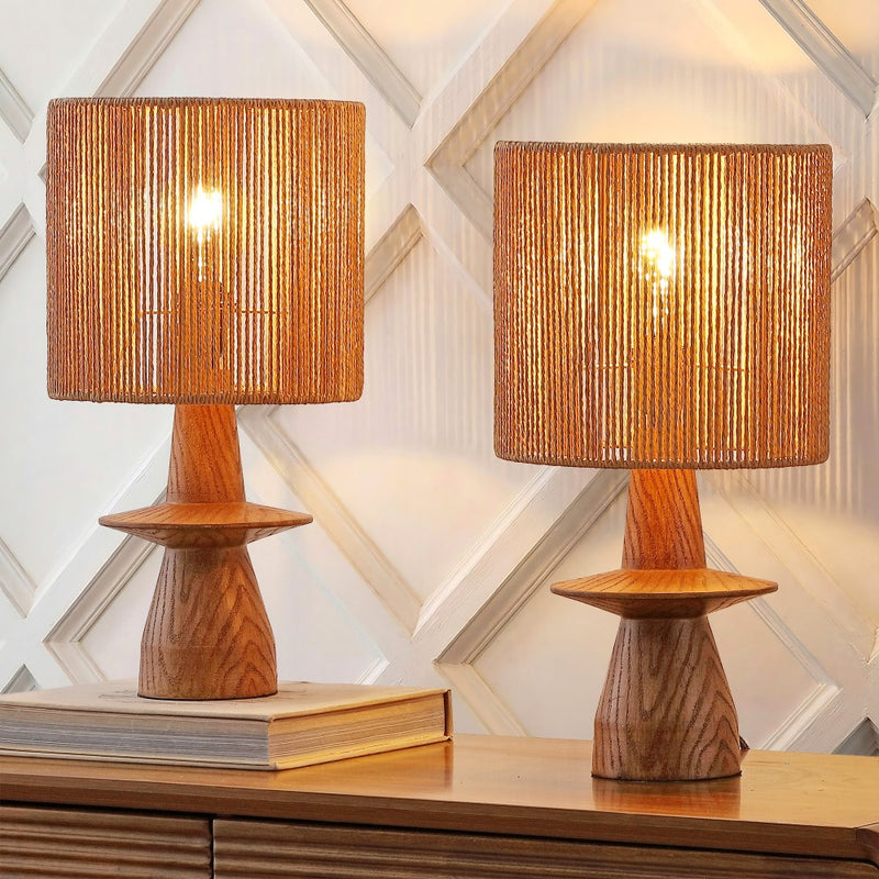 Rickie 19" Bohemian Coastal Sculptural Resin with Hand-Woven Paper Rope Drum Shade LED Table Lamp