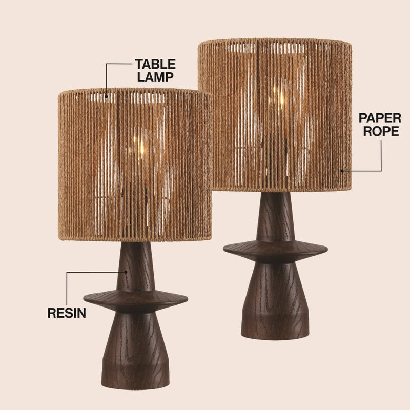 Rickie 19" Bohemian Coastal Sculptural Resin with Hand-Woven Paper Rope Drum Shade LED Table Lamp