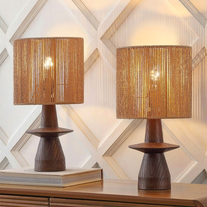 Rickie 19" Bohemian Coastal Sculptural Resin with Hand-Woven Paper Rope Drum Shade LED Table Lamp