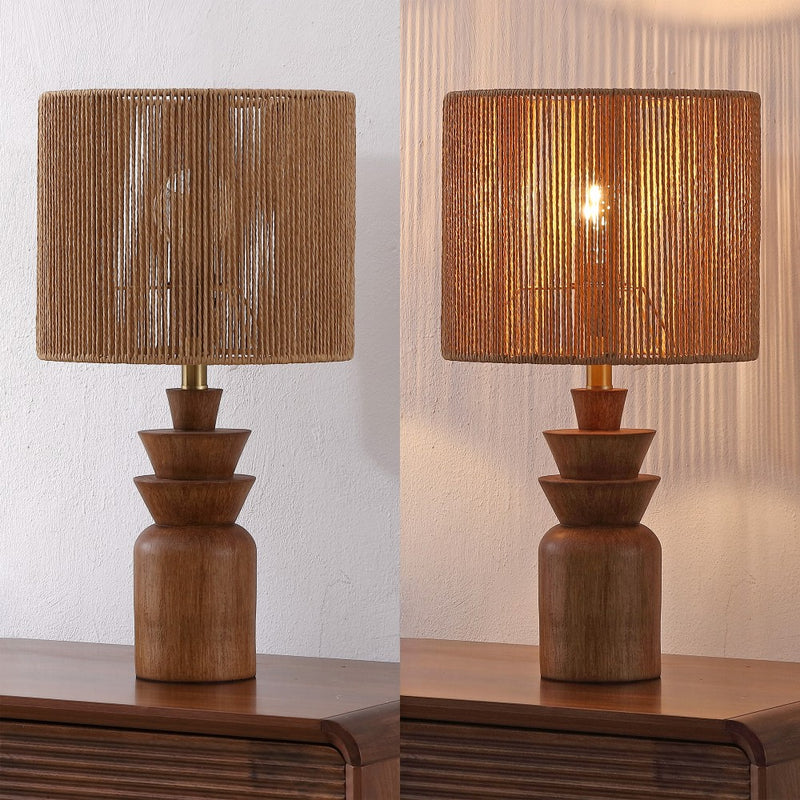 Anderson 22" Bohemian Coastal Tiered Totem Resin with Hand-Woven Paper Rope Drum Shade LED Table Lamp