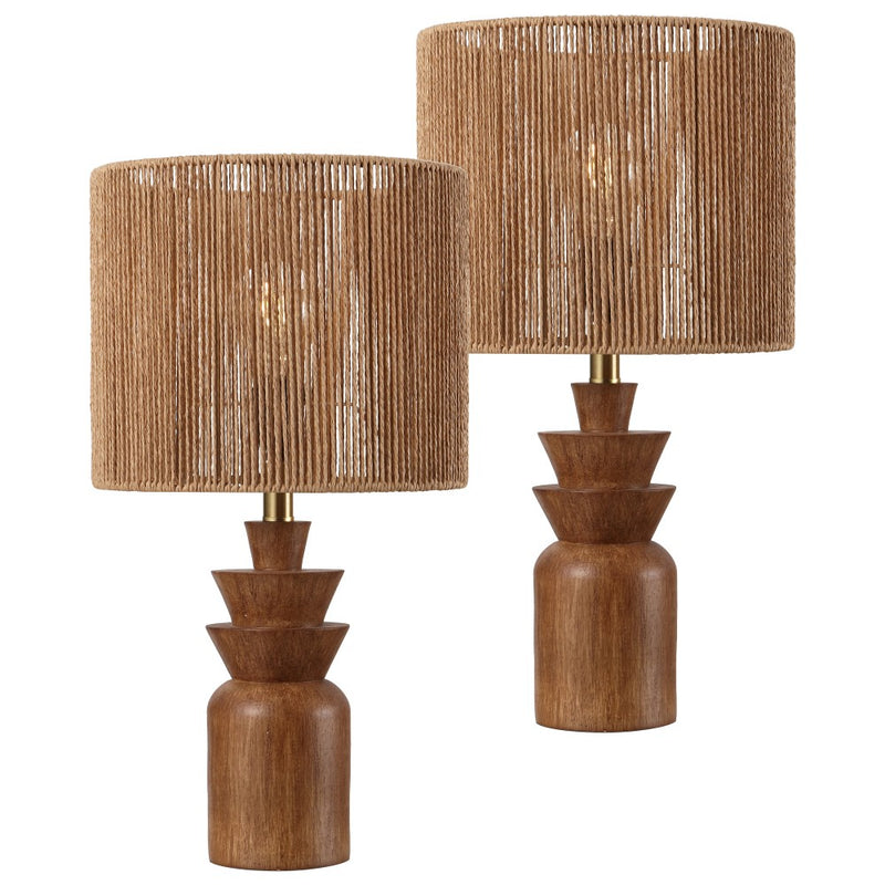 Anderson 22" Bohemian Coastal Tiered Totem Resin with Hand-Woven Paper Rope Drum Shade LED Table Lamp