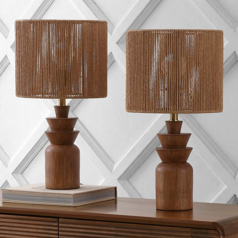 Anderson 22" Bohemian Coastal Tiered Totem Resin with Hand-Woven Paper Rope Drum Shade LED Table Lamp